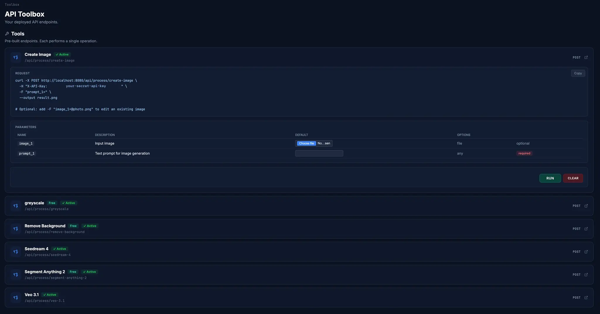API Toolbox dashboard showing available tools with parameters and curl commands
