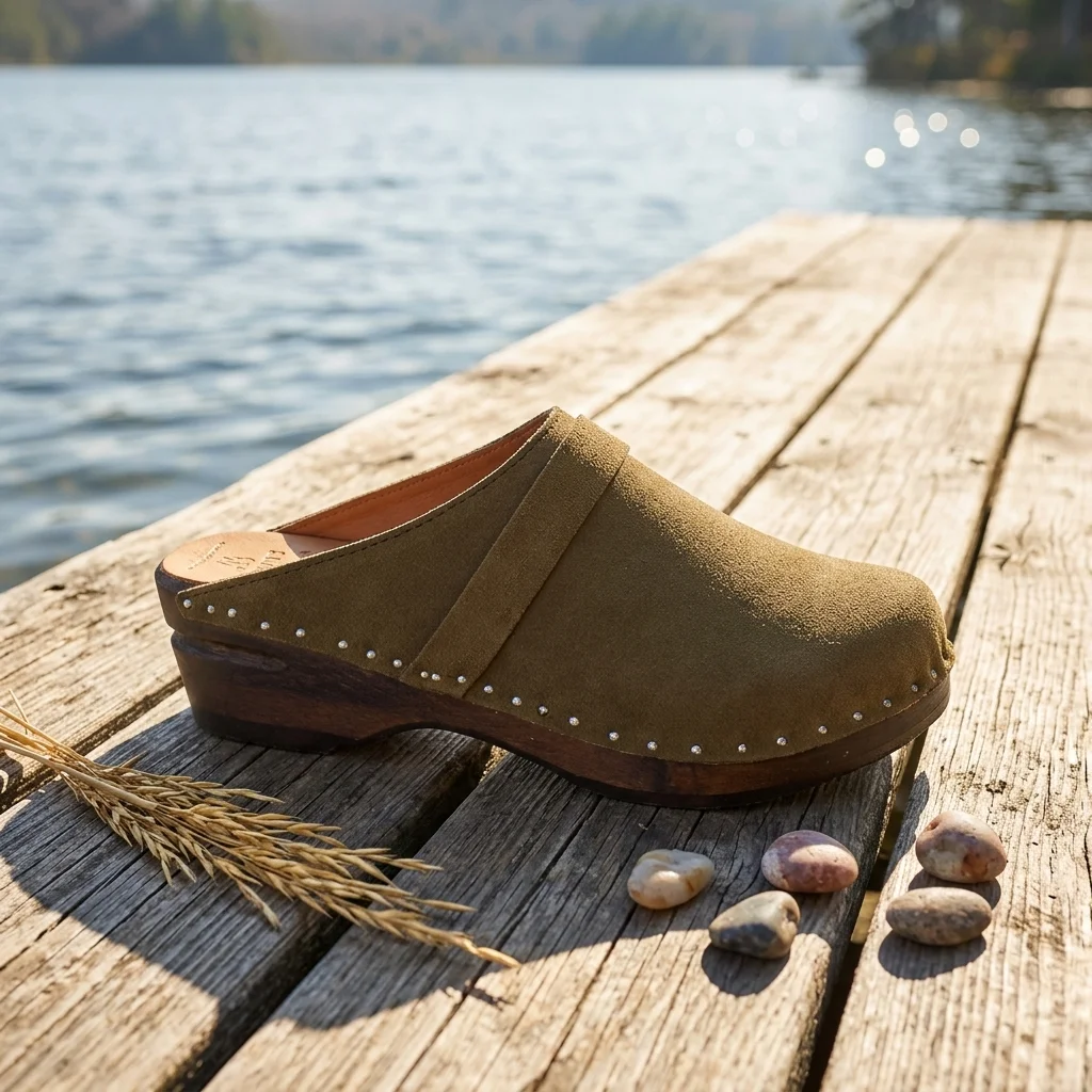 The same clog, placed by the pipeline on a lakeside dock in autumn light