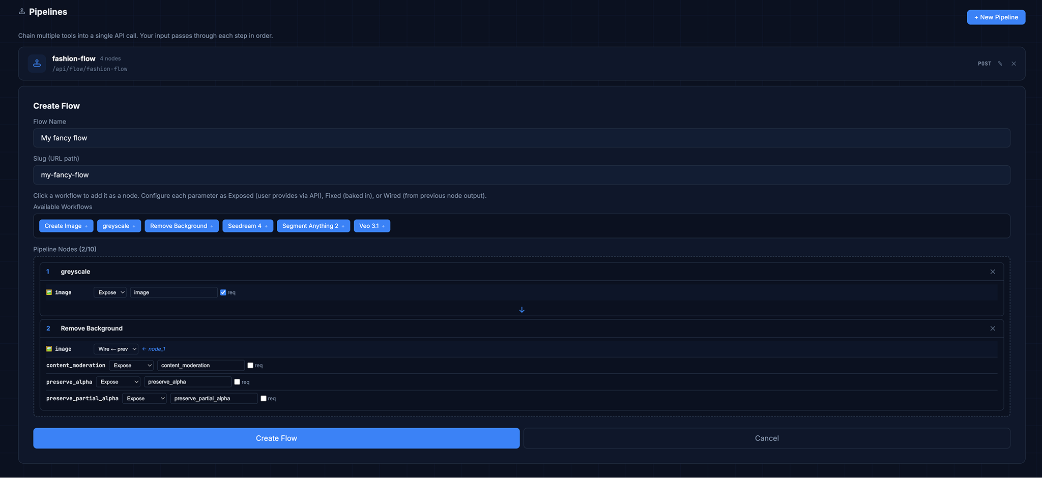 Pipeline builder showing chained tools in a multi-step pipeline