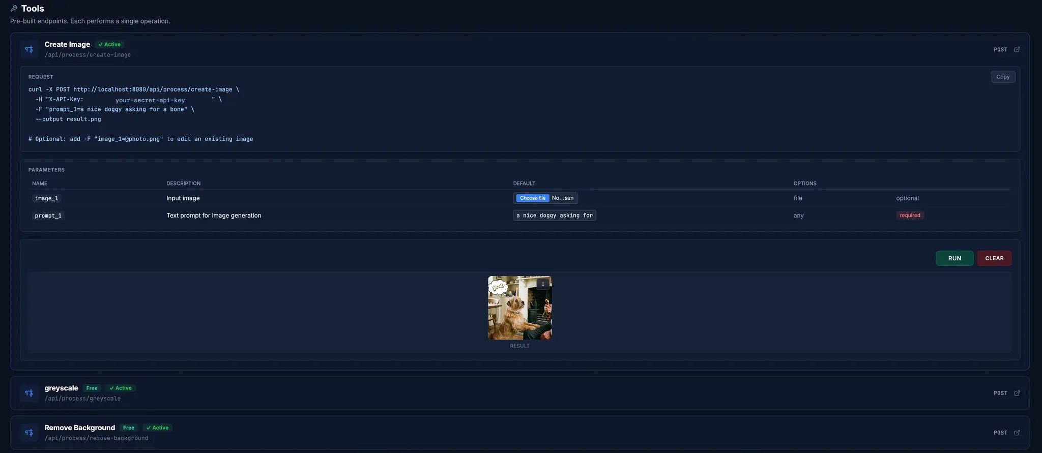 Tool playground with parameter form, Run button, and live result