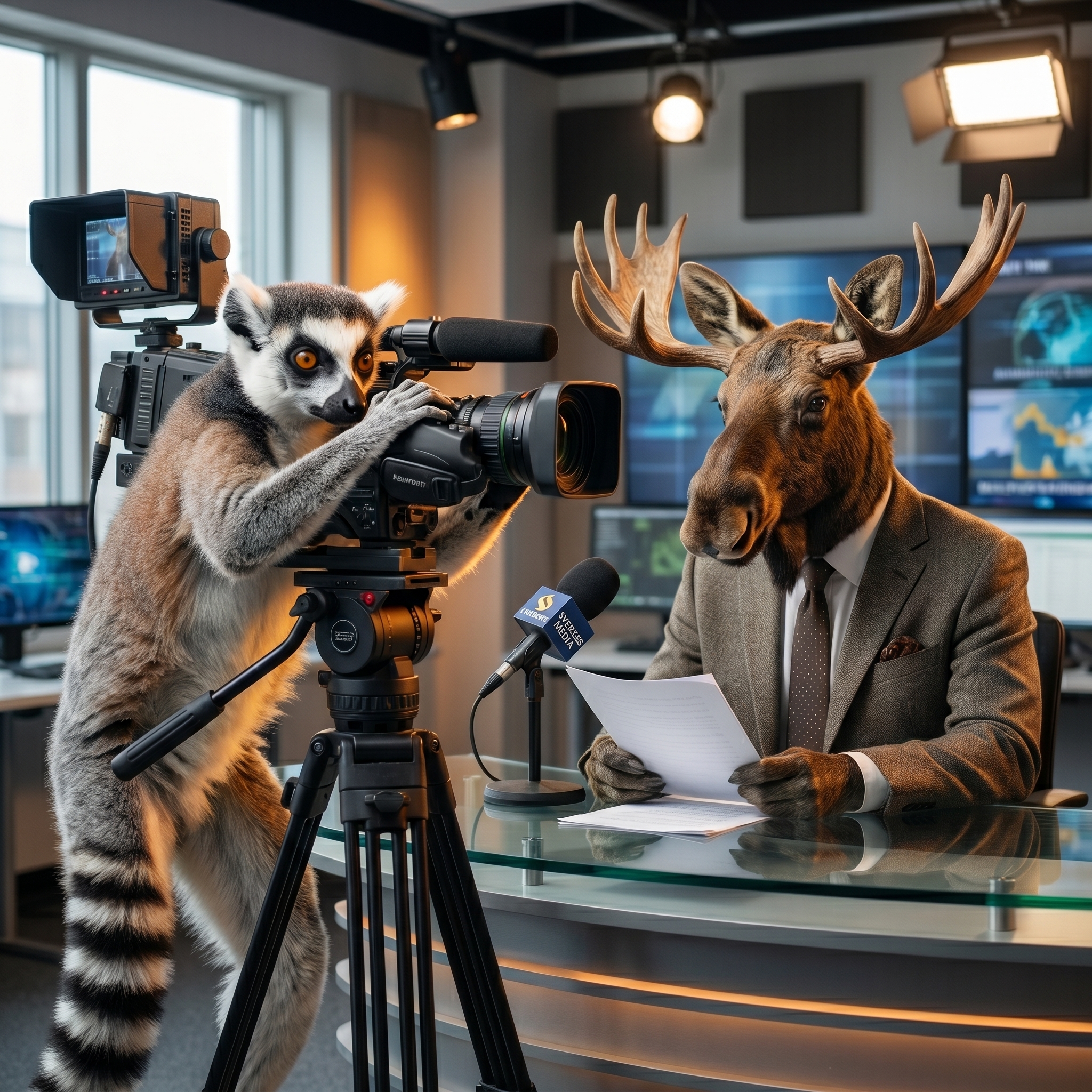 A ring-tailed lemur and an octopus operating a multi-screen media broadcast console in a modern newsroom.
