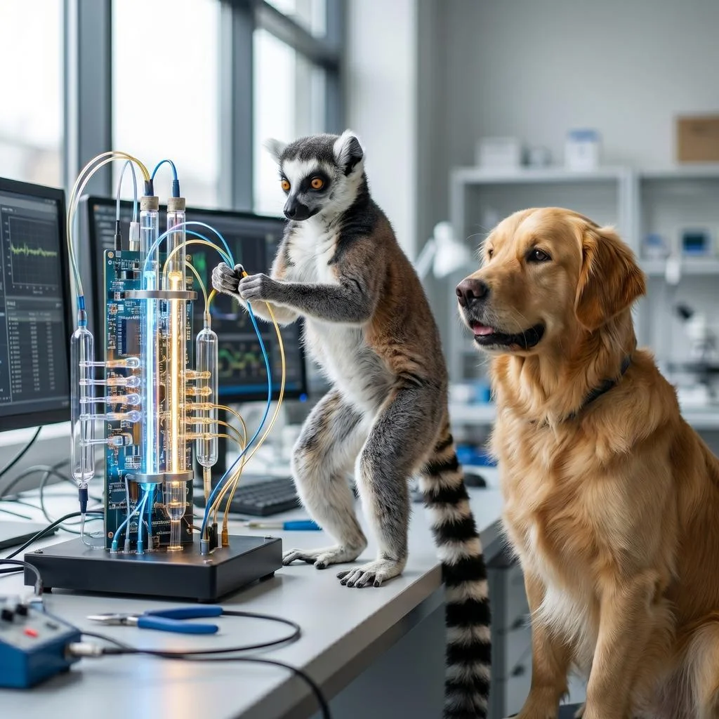 Larry the lemur and an golden retreiver orchestrating a complex, glowing AI pipeline on a modern laboratory workstation.