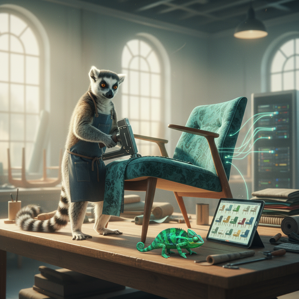 Larry the lemur and a chameleon working on automated furniture design variations in a studio