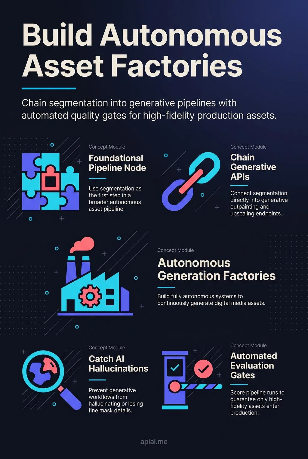 Infographic showing how to build autonomous asset factories with chained segmentation APIs and quality gates.
