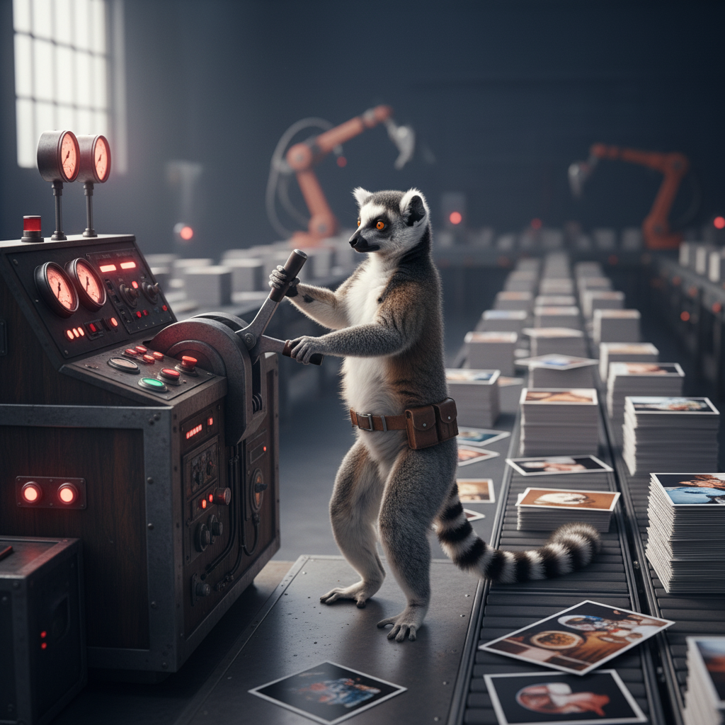 Larry the lemur and an octopus managing a multi-step digital pipeline on a glowing tabletop workstation.