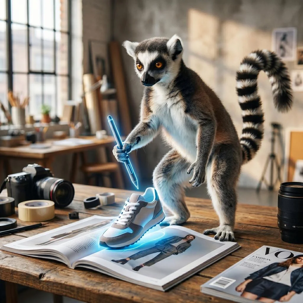 A ring-tailed lemur using a glowing digital stylus to slice a product out of a magazine page.
