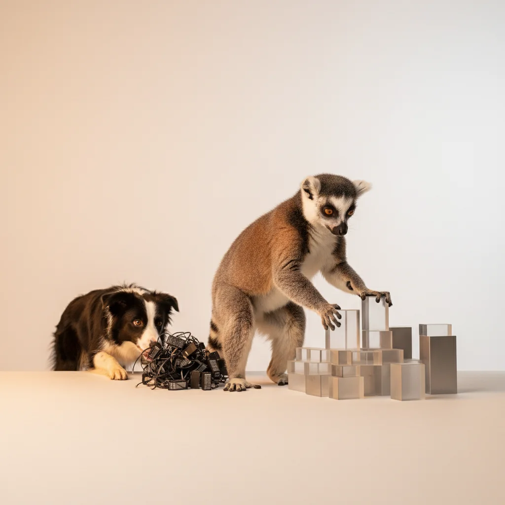 A lemur and an octopus collaborating to organize complex glowing server pipelines in a tech environment.