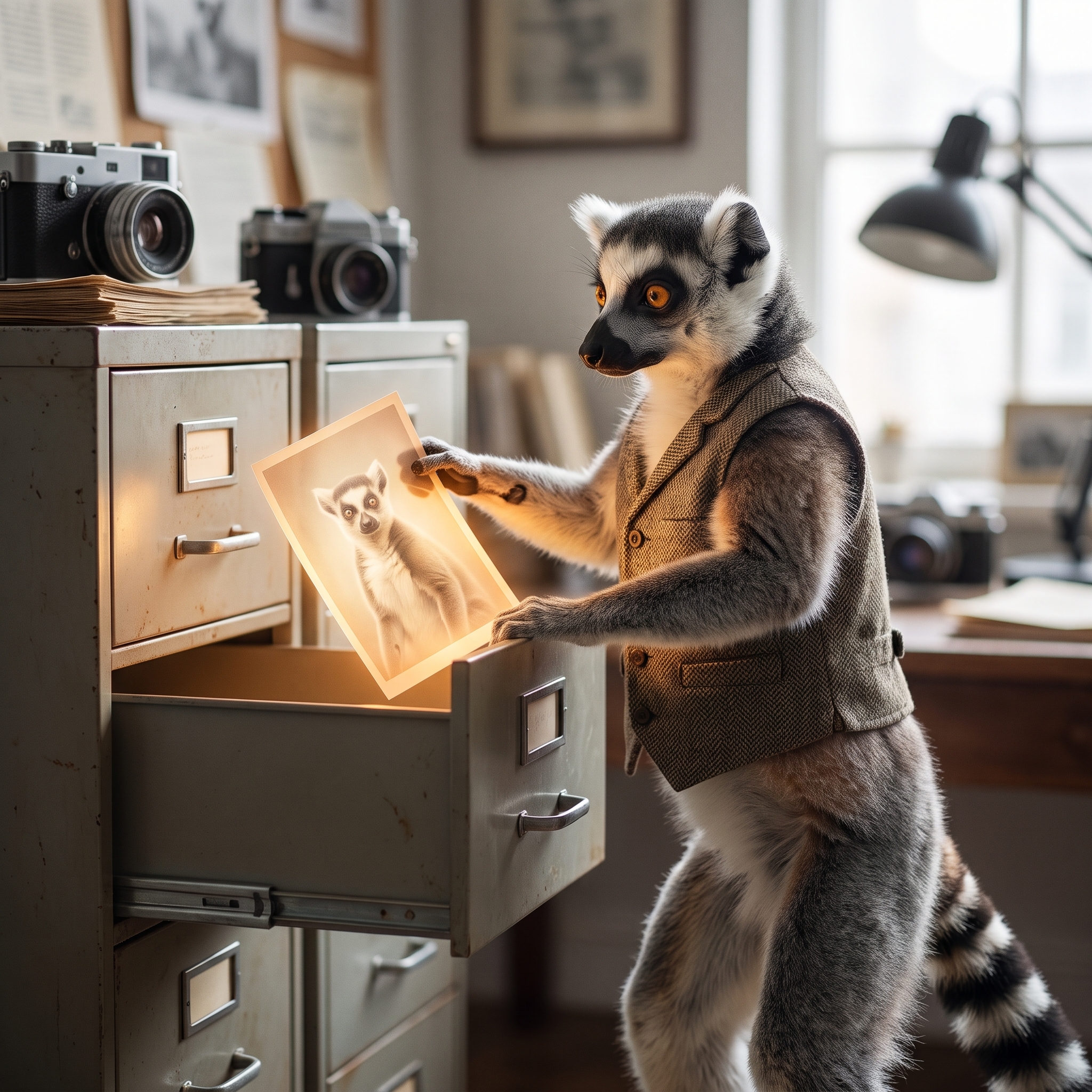 Larry the lemur in an editor's vest pulling a glowing generated photo from an empty filing cabinet.