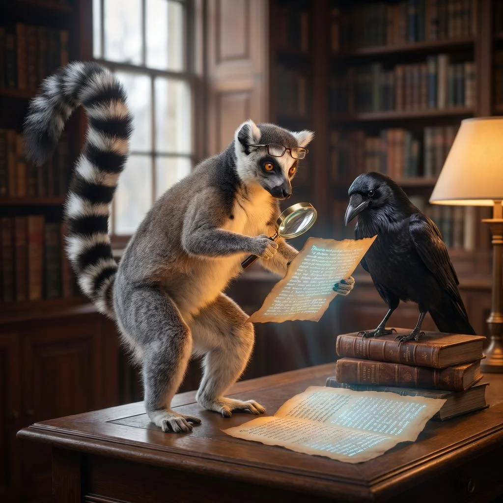Larry the lemur and a raven inspecting a glowing manuscript at a library desk.
