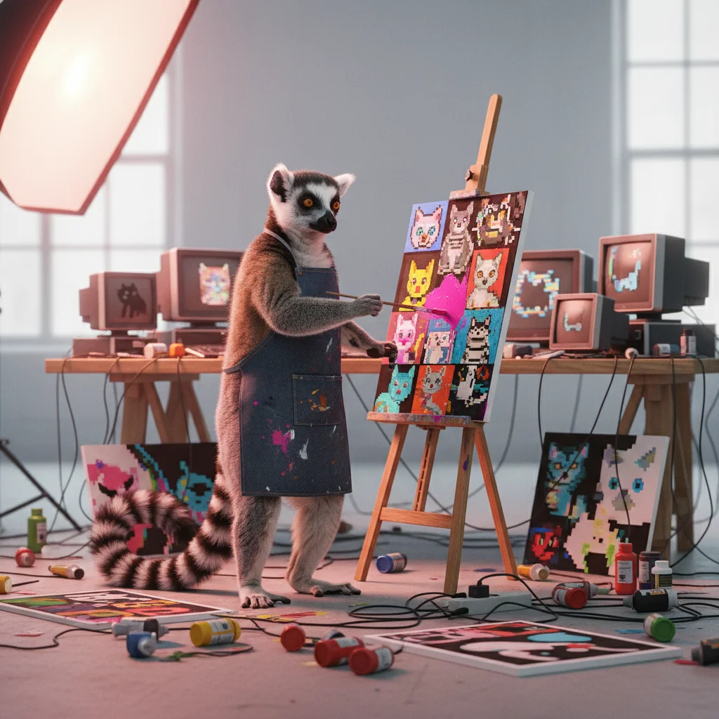 A photorealistic image of a lemur and an octopus orchestrating a glowing multi-step workflow pipeline on a tabletop.