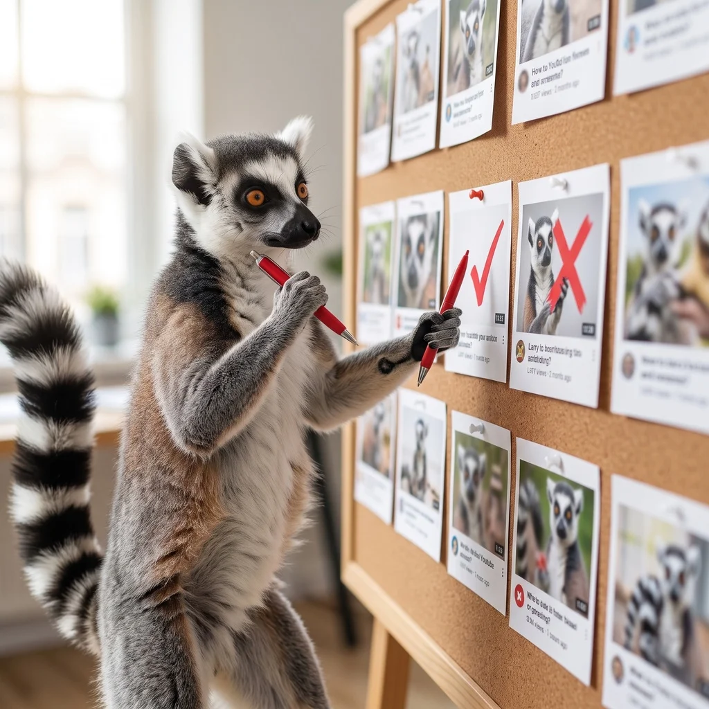 Ring-tailed lemur grading a row of printed video thumbnails on a corkboard with a red pen