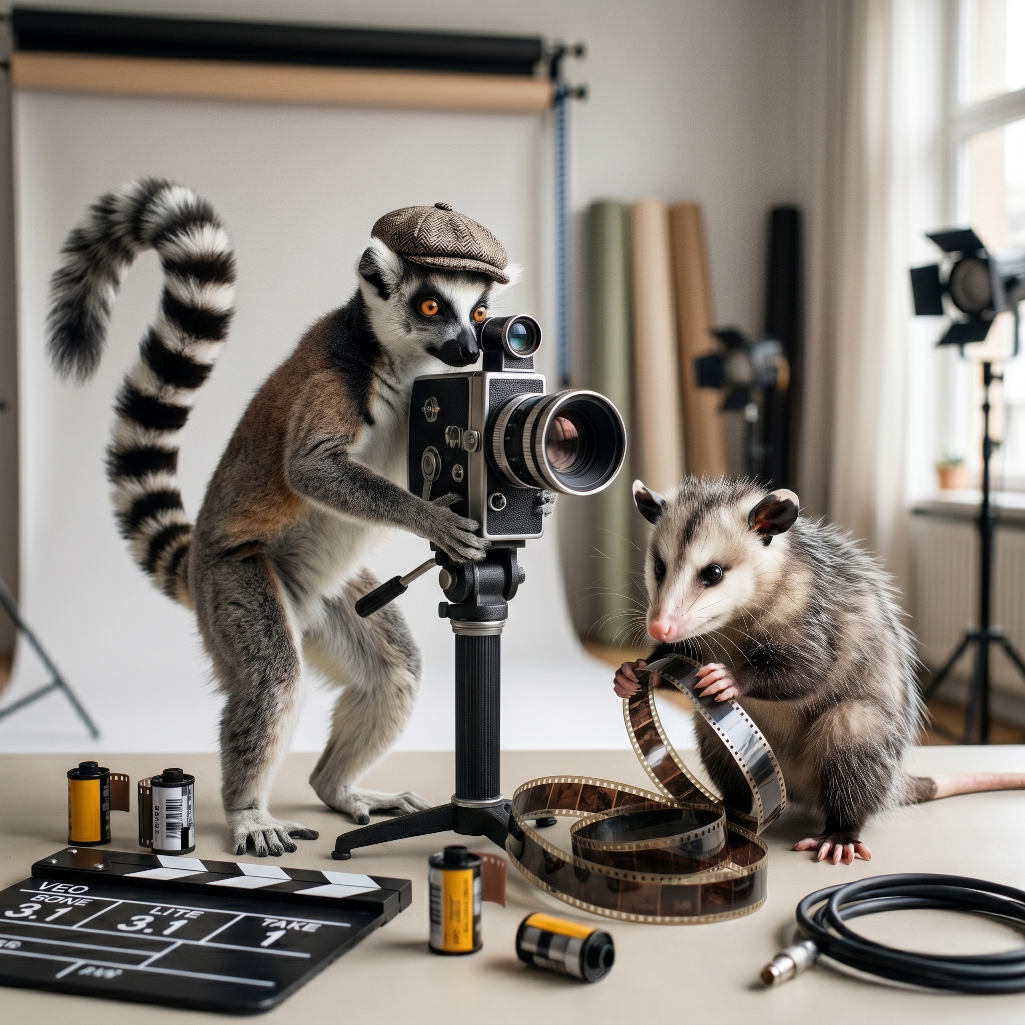 A ring-tailed lemur operating a camera alongside an possum managing film strips in a tabletop studio.