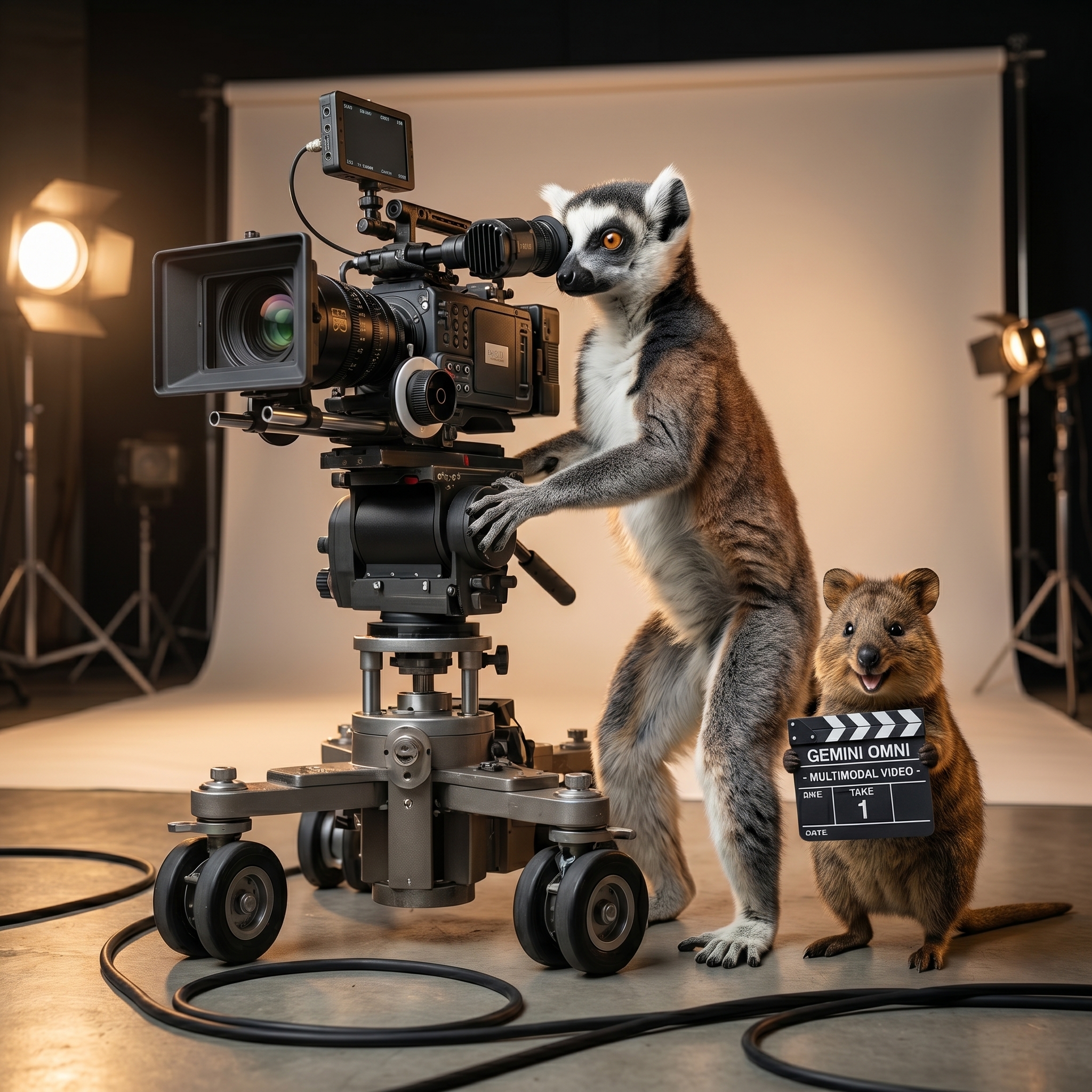 Larry the Lemur and a Quokka operating a large cinema camera in a studio setting.