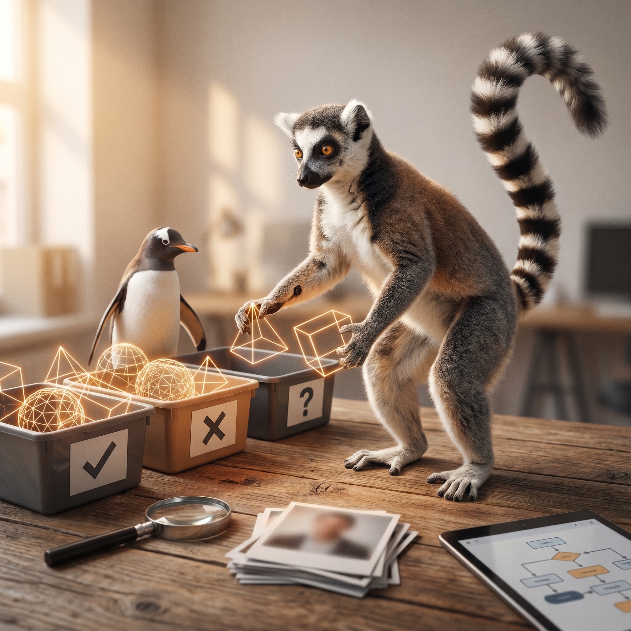 Larry the lemur and an penguin sorting glowing geometric wireframes into bins on a desk.