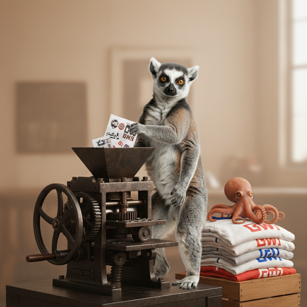 Larry the lemur and an owl inspecting freshly printed logos in an industrial workshop.
