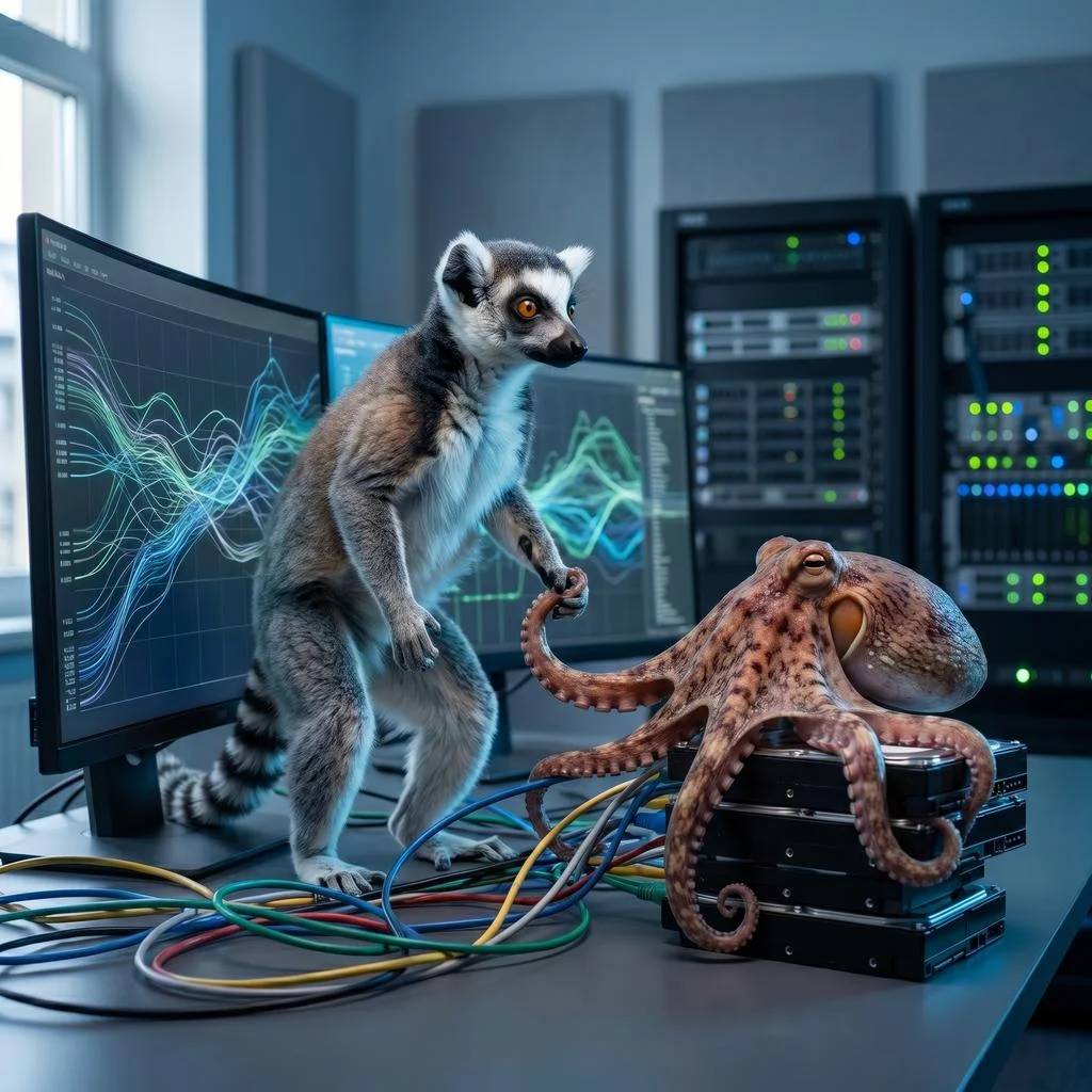 A lemur and an octopus managing a complex media pipeline across multiple monitors in a studio.