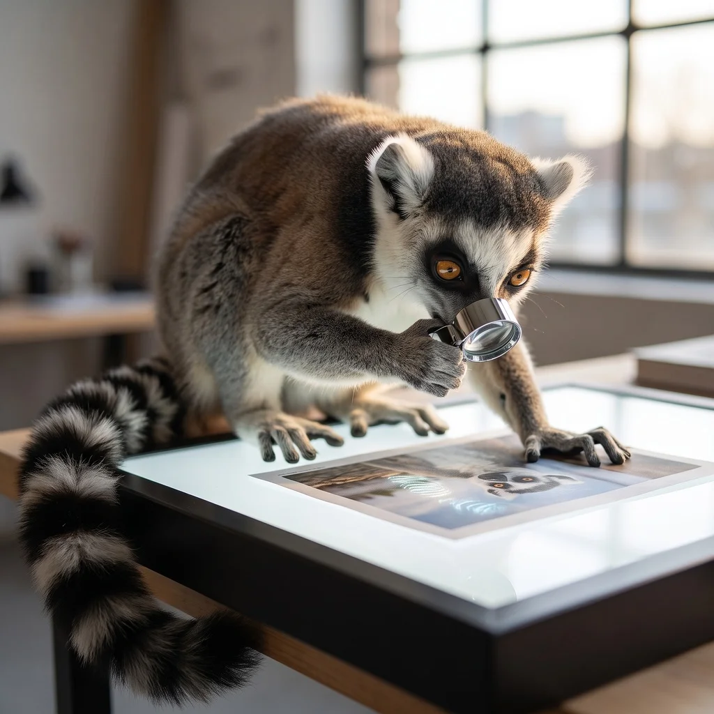 Ring-tailed lemur inspecting a printed news photo through a loupe on a backlit light table