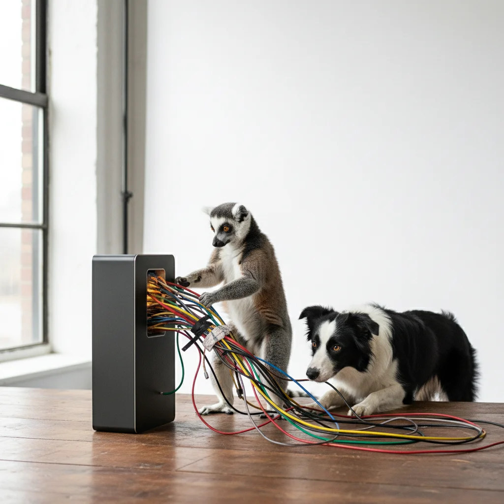 A photorealistic image of Larry the lemur and an octopus orchestrating glowing media streams into a single funnel.