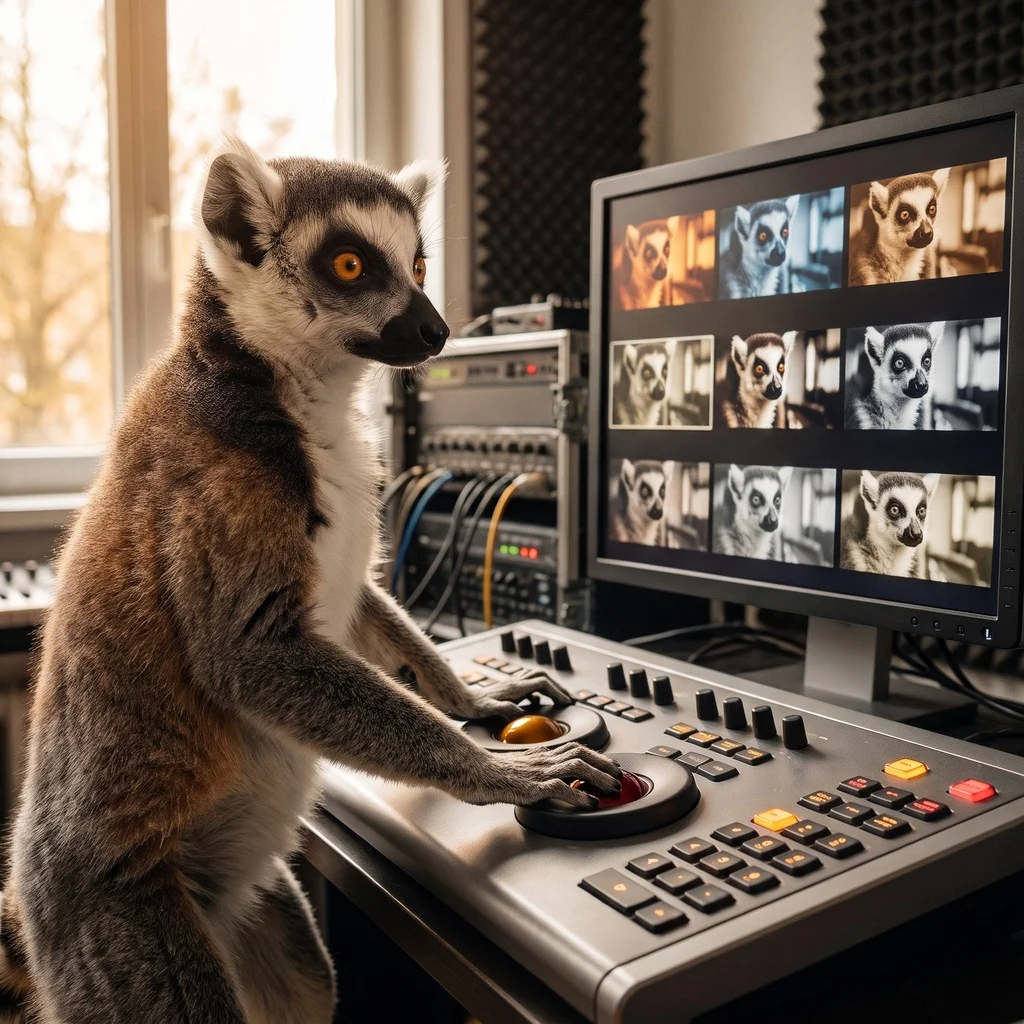 A ring-tailed lemur at a color grading console in front of monitors showing one frame in many color looks