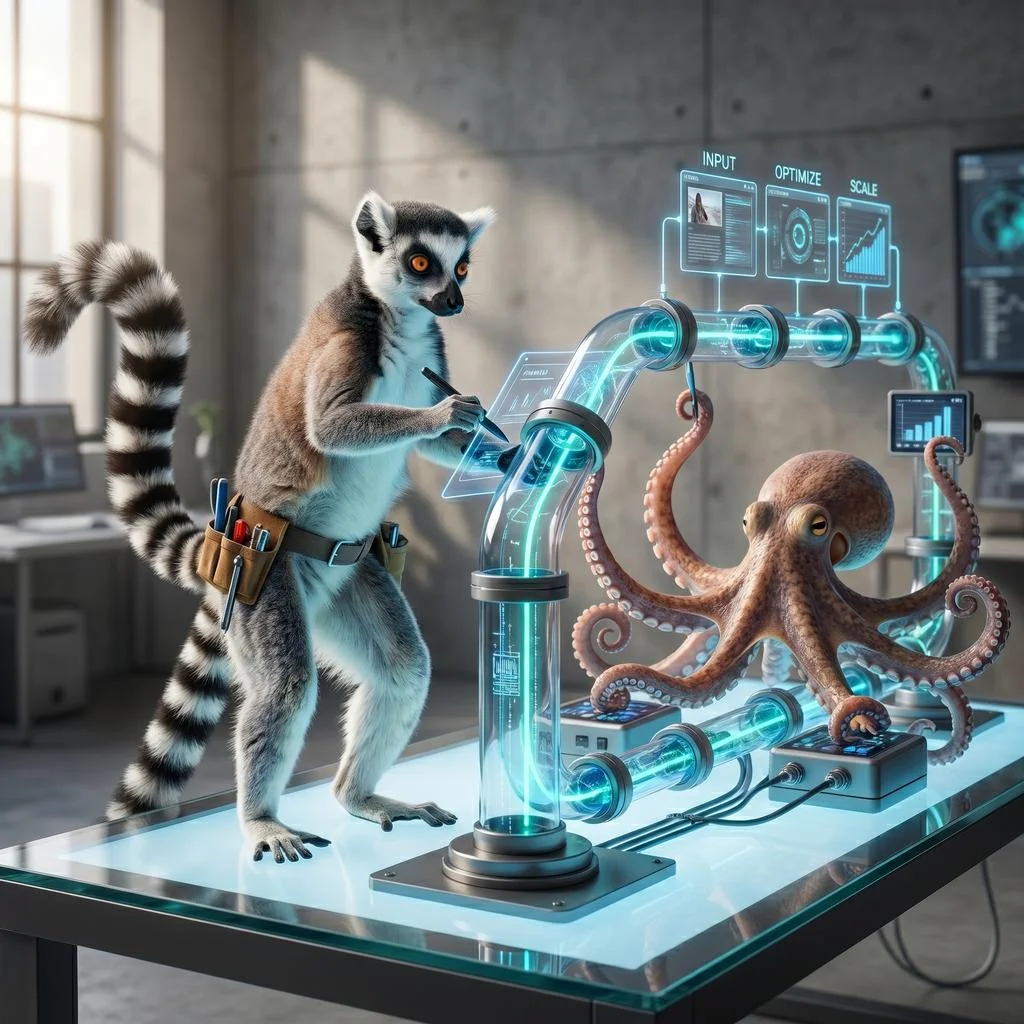 Larry the lemur and an octopus managing a multi-step digital pipeline on a glowing tabletop workstation.