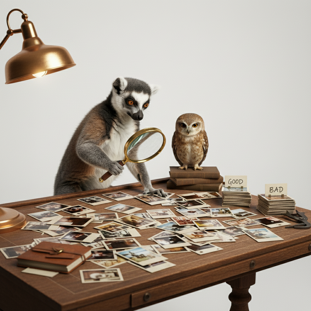 Larry the ring-tailed lemur and an owl examining photographic contact sheets with a magnifying glass on a drafting table.