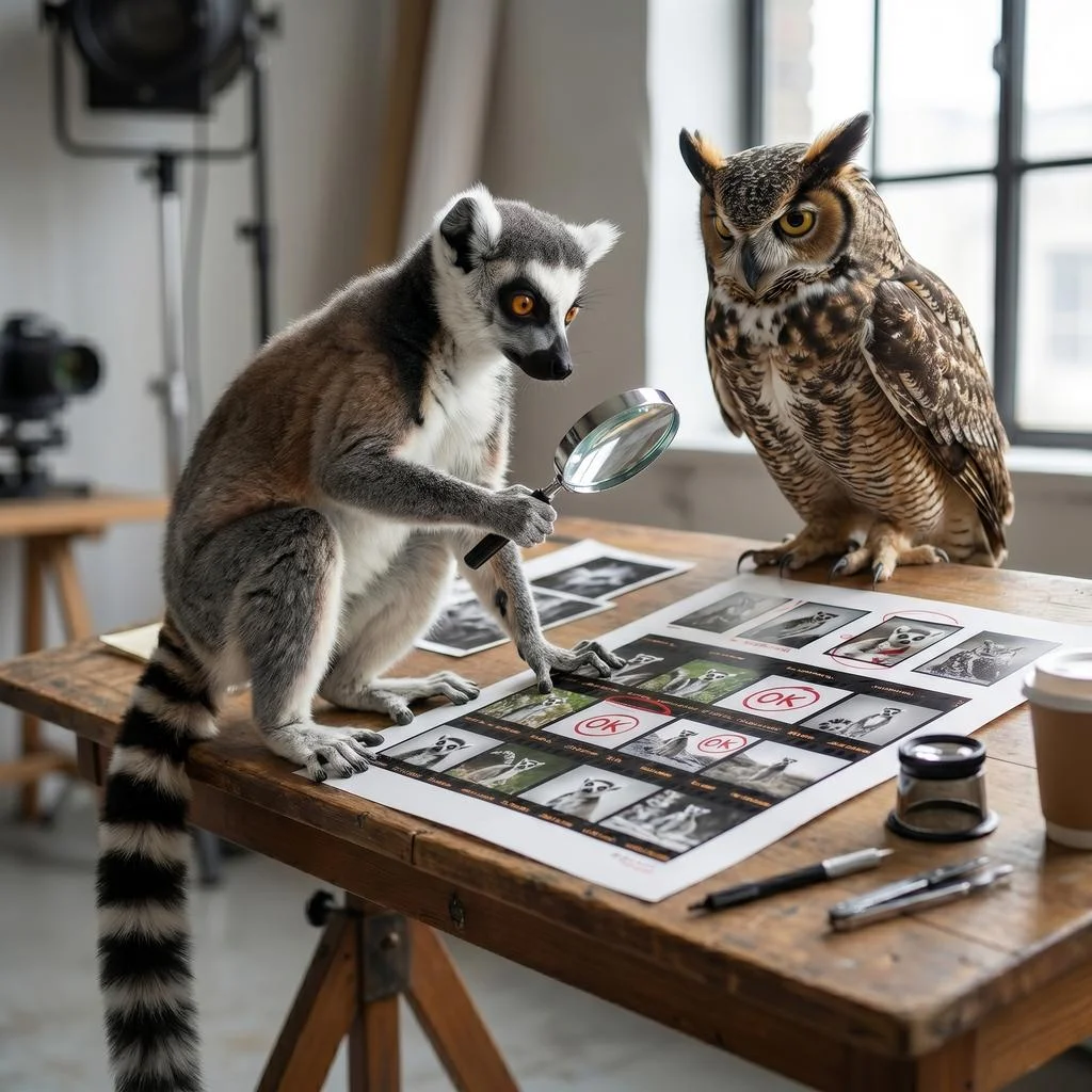 Larry the ring-tailed lemur and an owl examining photographic contact sheets with a magnifying glass on a drafting table.