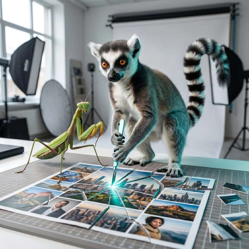 A ring-tailed lemur and a praying mantis cutting a photograph into precision pieces with a glowing scalpel.
