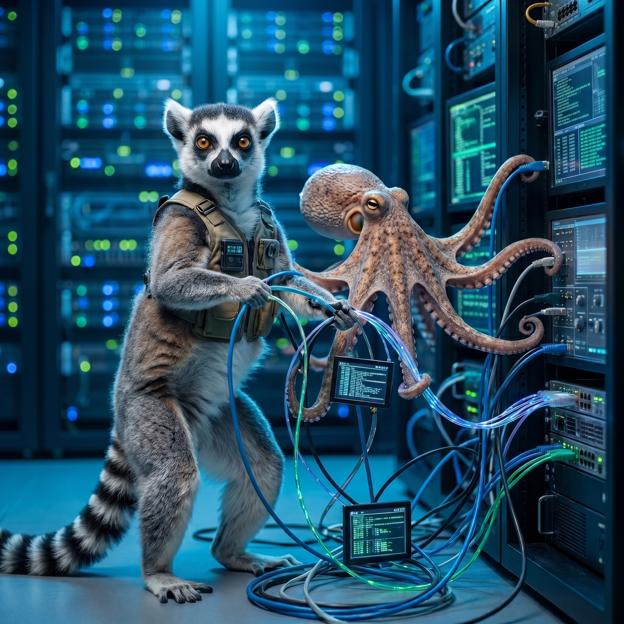 A lemur and an octopus managing a complex media pipeline across glowing workstations.