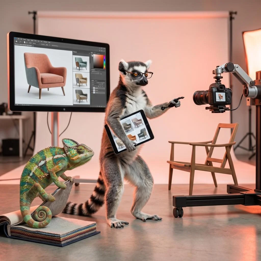 Larry the lemur and a chameleon working on automated furniture design variations in a studio
