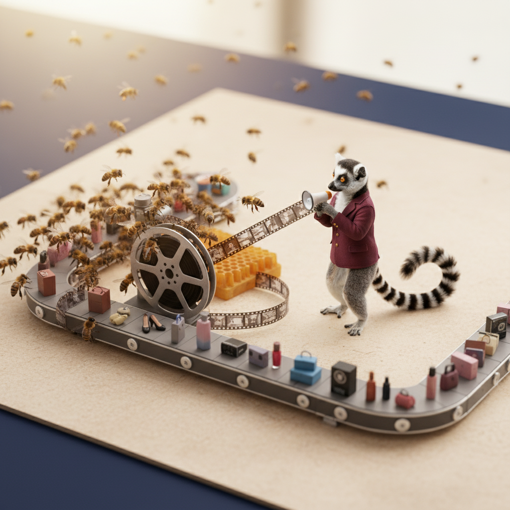 Larry the lemur filming a sneaker with a cinema camera on a product stage.