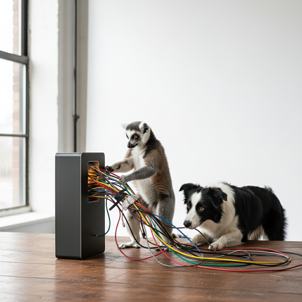 A photorealistic image of Larry the lemur and an octopus orchestrating glowing media streams into a single funnel.