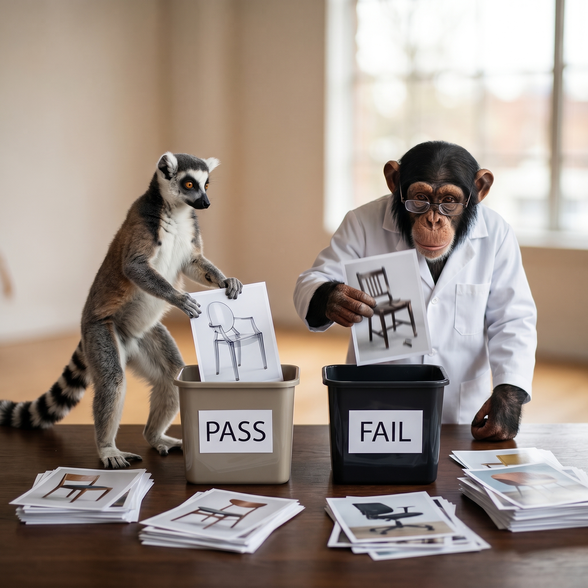 Larry the lemur and an a chimp sorting  good and bad photographs of a chair into pass and fail bins on a dark table.