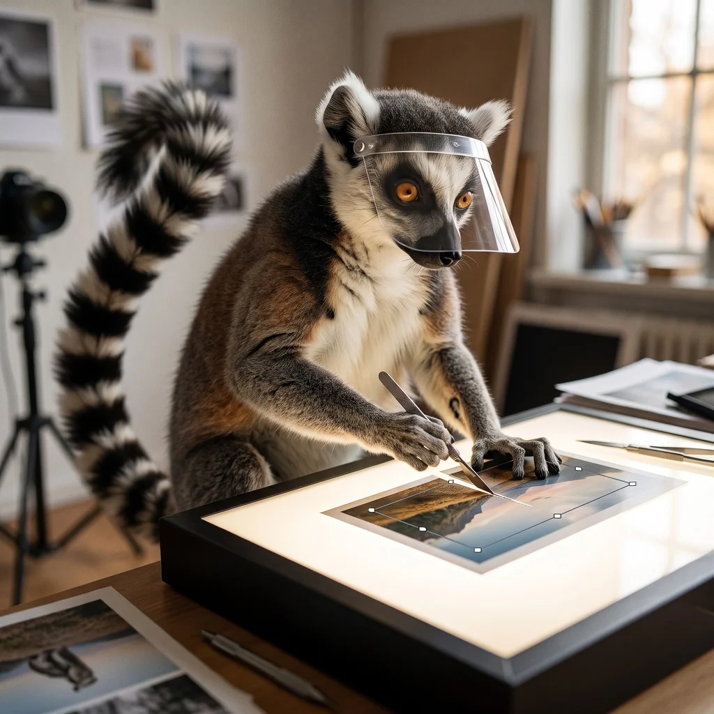 A ring-tailed lemur wearing an editor's visor using a scalpel on an illuminated photograph