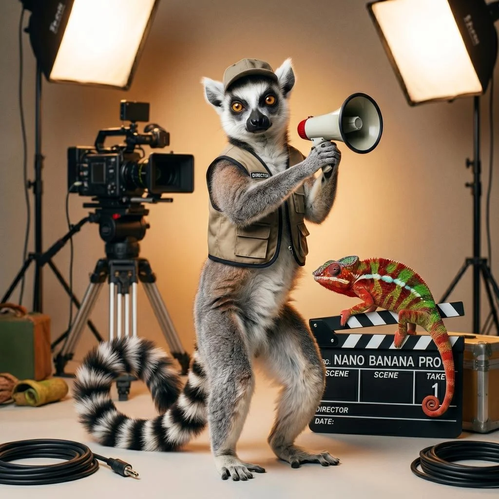 Larry the lemur directing a film set next to a chameleon on a clapperboard, symbolising AI style adaptation.