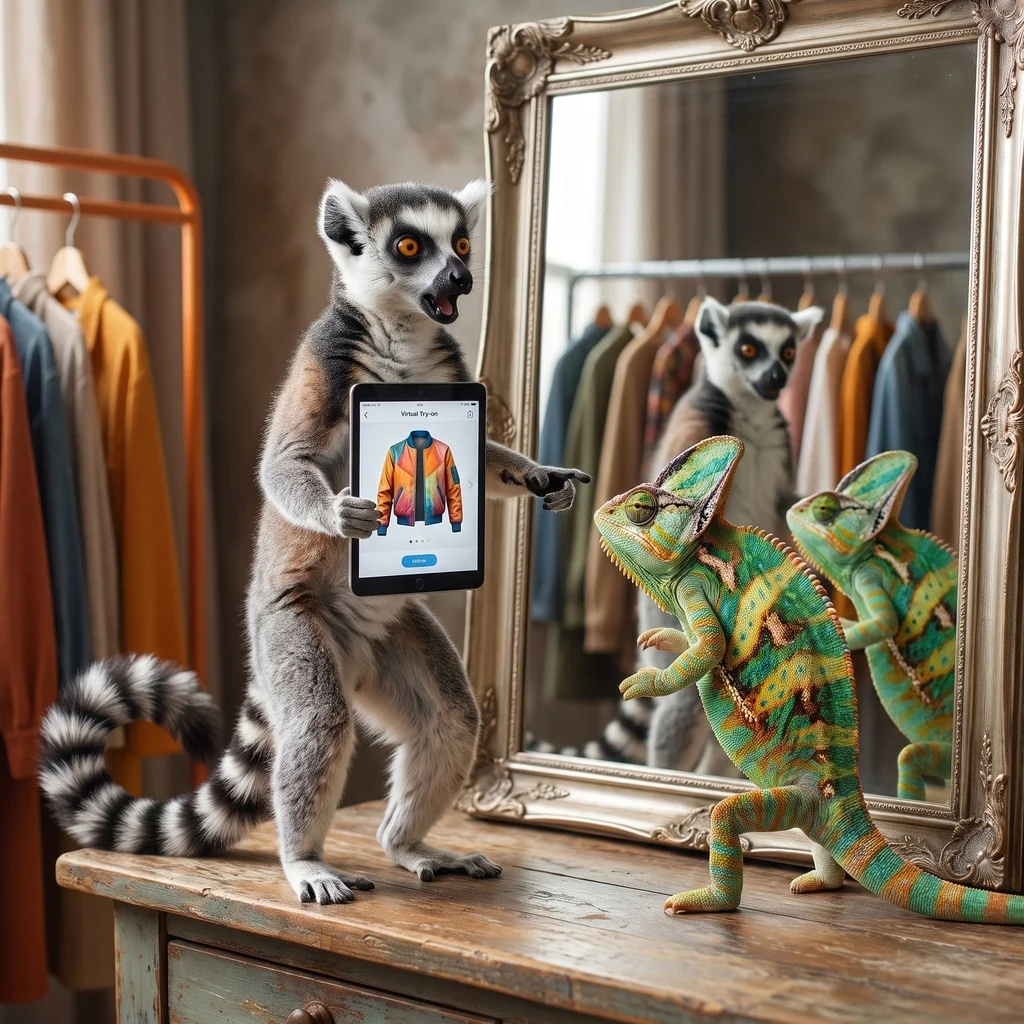 A photorealistic image of Larry the Lemur and a chameleon looking into a mirror in a dressing room.