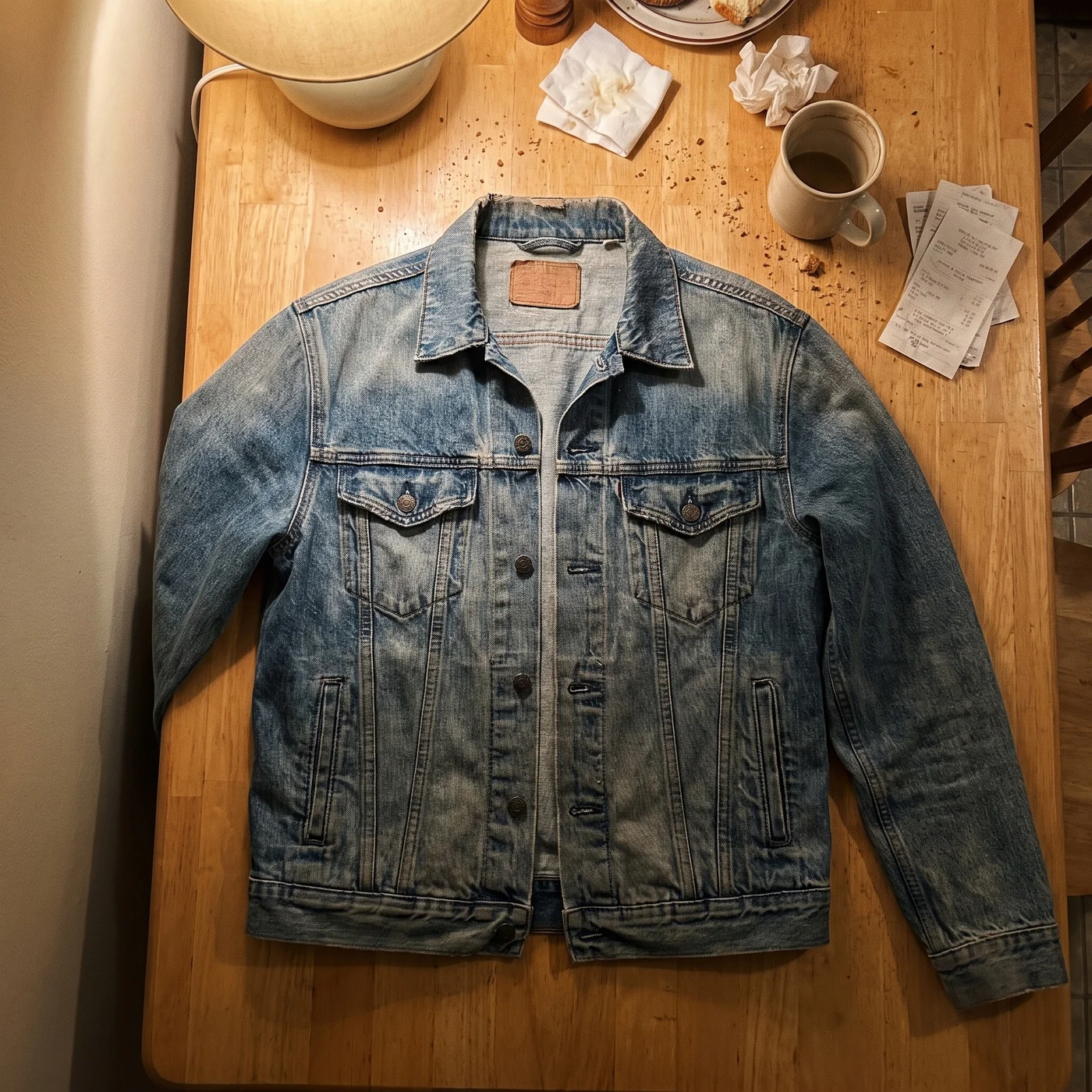 A second-hand denim jacket photographed on a cluttered kitchen table under mixed indoor light, the kind of snap a casual seller takes with their phone